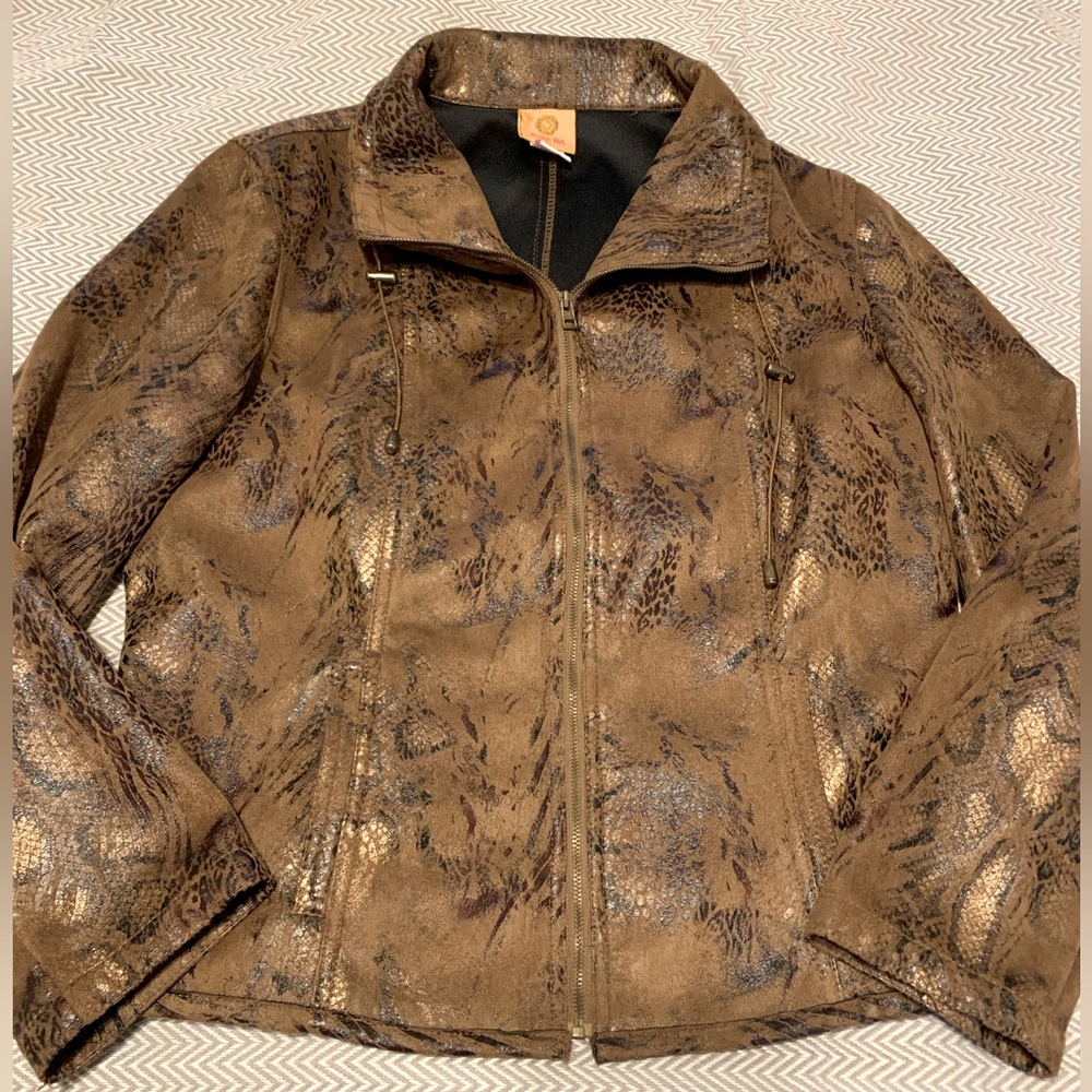Ruby Rd brown snakeskin jacket. Metallic print. Full zip. Size 16. EUC.
